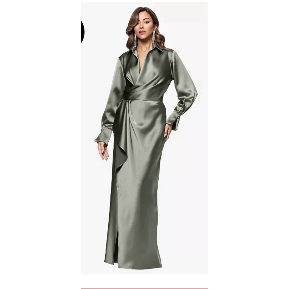 Xscape "EMERY" SATIN LONG SLEEVE COLLARED DRESS Size 8 Green